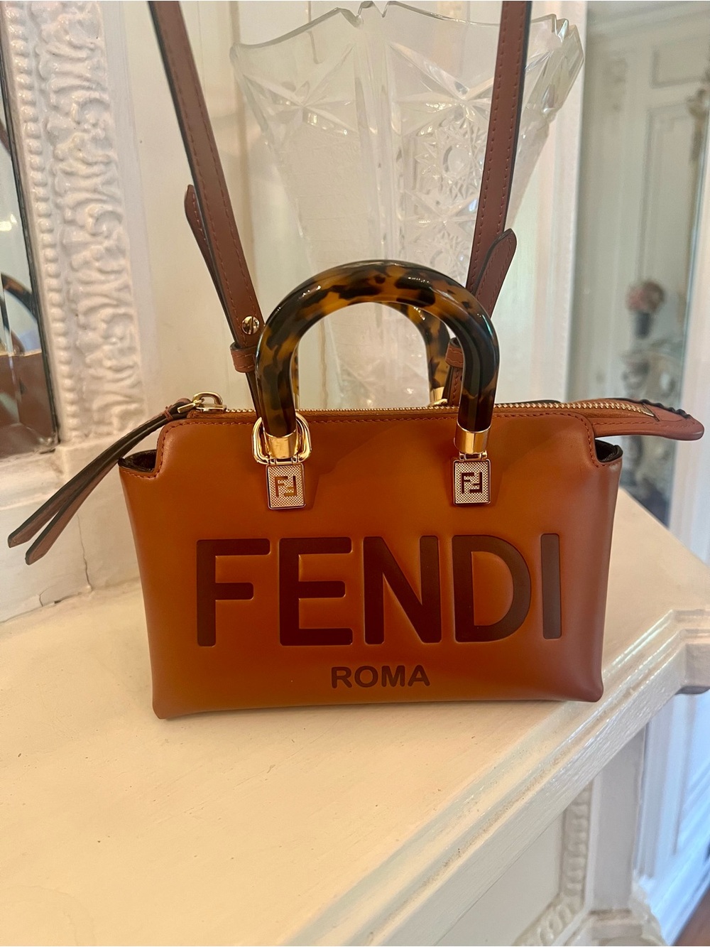 Fendi Leather Satchel with Tortoiseshell Handle in Cognac